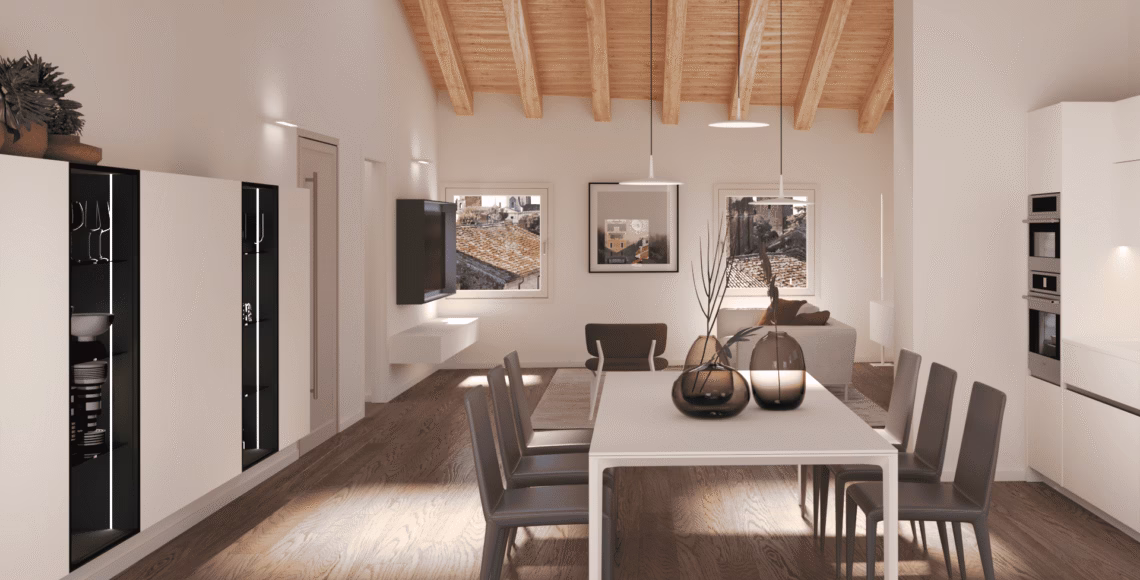 Cucina laccata opaca bianca su misura in sottotetto open space, progetto MOOD ARTISAN, Treviso