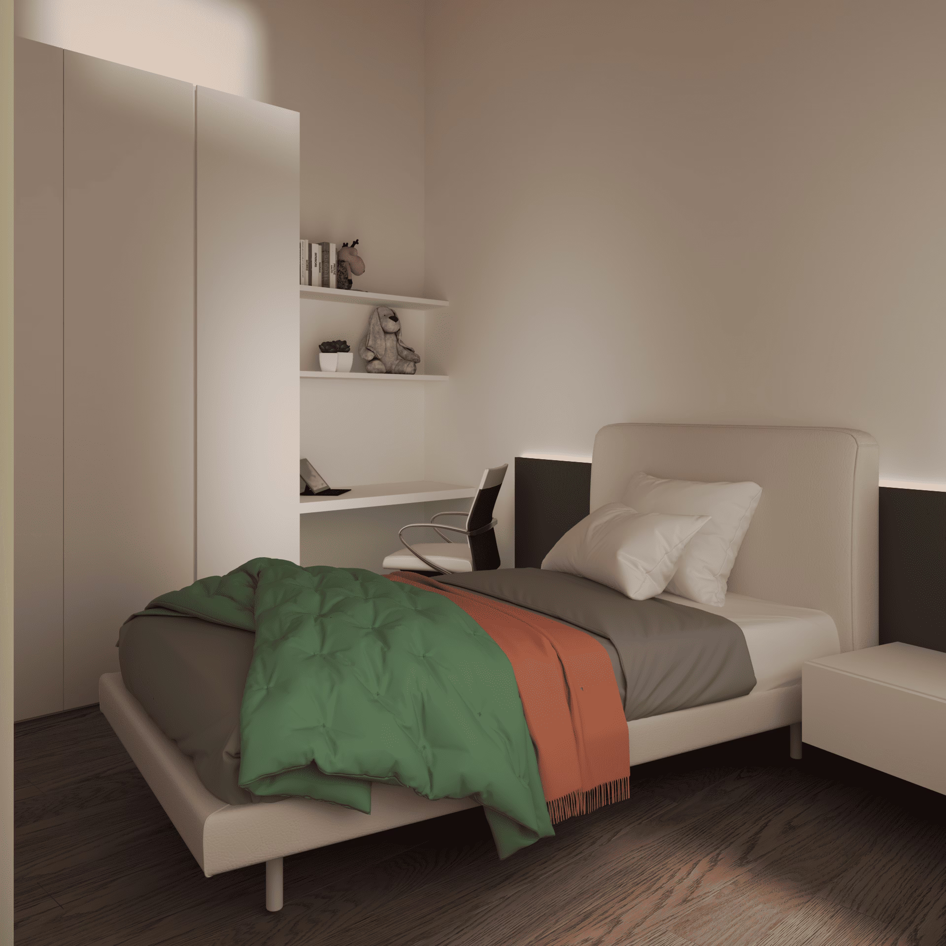 camera da letto minimal bambine Seconda camera da letto in stile moderno e minimal, bianco dominante, MOOD ARTISAN Treviso.