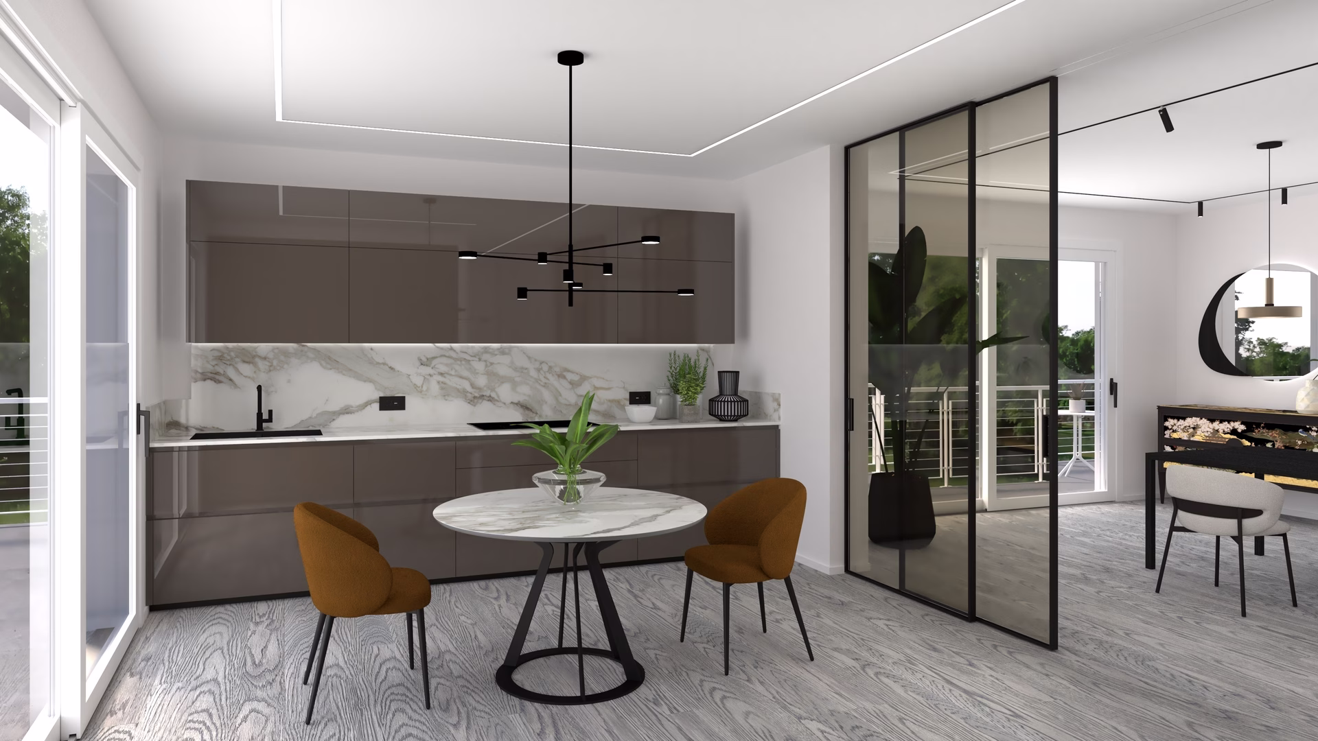 Cucina laccato lucido marrone con top in quarzo effetto marmo, progetto MOOD ARTISAN, provincia di Padova Cucina laccato lucido marrone con top in quarzo effetto marmo, progetto MOOD ARTISAN, provincia di Padova
