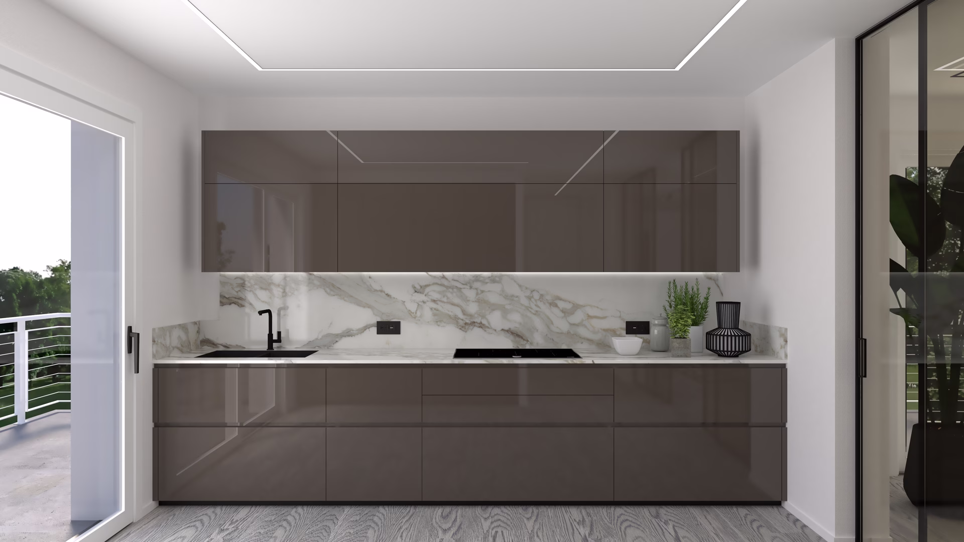 Cucina laccato lucido marrone con top in quarzo effetto marmo, progetto MOOD ARTISAN, provincia di Padova Cucina laccato lucido marrone con top in quarzo effetto marmo, progetto MOOD ARTISAN, provincia di Padova