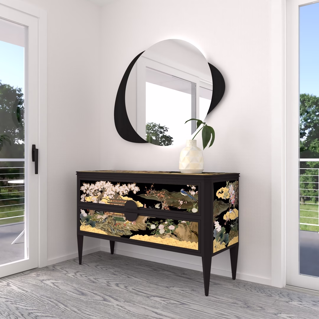 Madia dipinta in stile asiatico, dettaglio d'arredo living, MOOD ARTISAN Padova Madia dipinta in stile asiatico, dettaglio d'arredo living, MOOD ARTISAN Padova