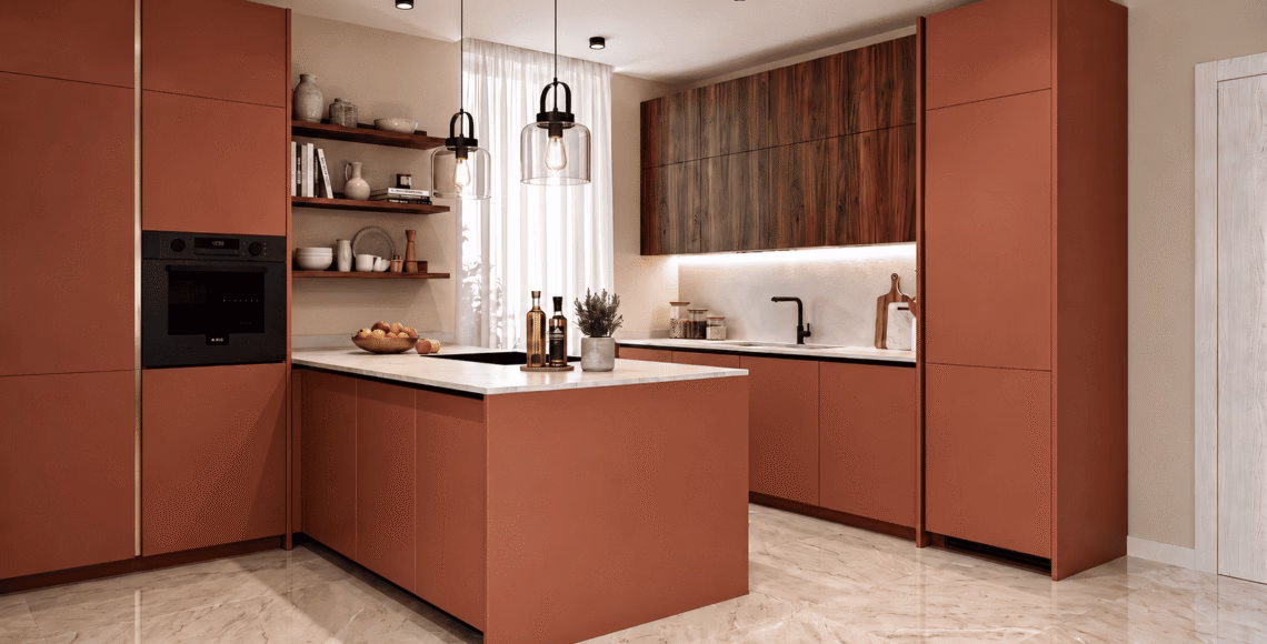 Cucina moderna con ampia penisola centrale e piano cottura ad aspirazione integrata, progetto MOOD ARTISAN, provincia di Padova