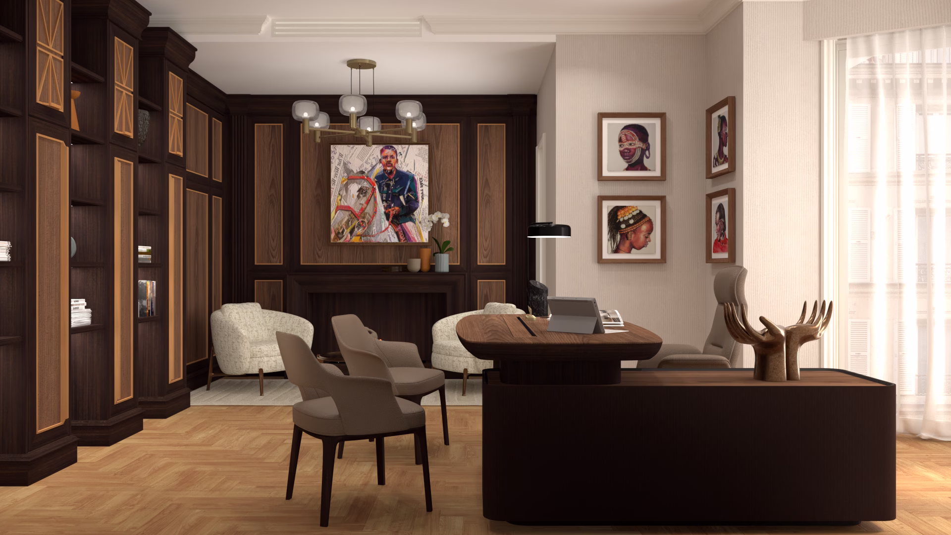 Boiserie, camino e scrivania realizzate in finiture pregiatte, progettazione residenziale Londra progettazione londrda