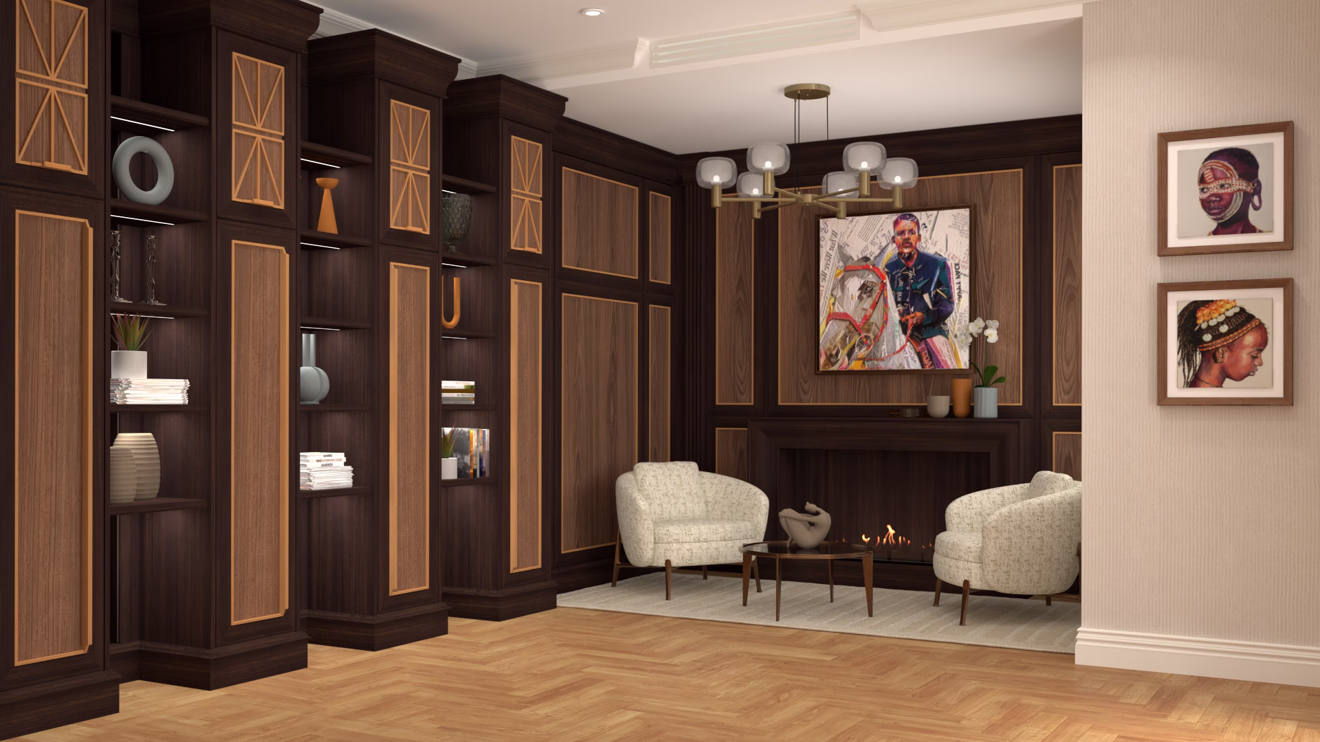 Boiserie e camino realizzato in finiture pregiatte, progetto residenziale Londra progettazione londra