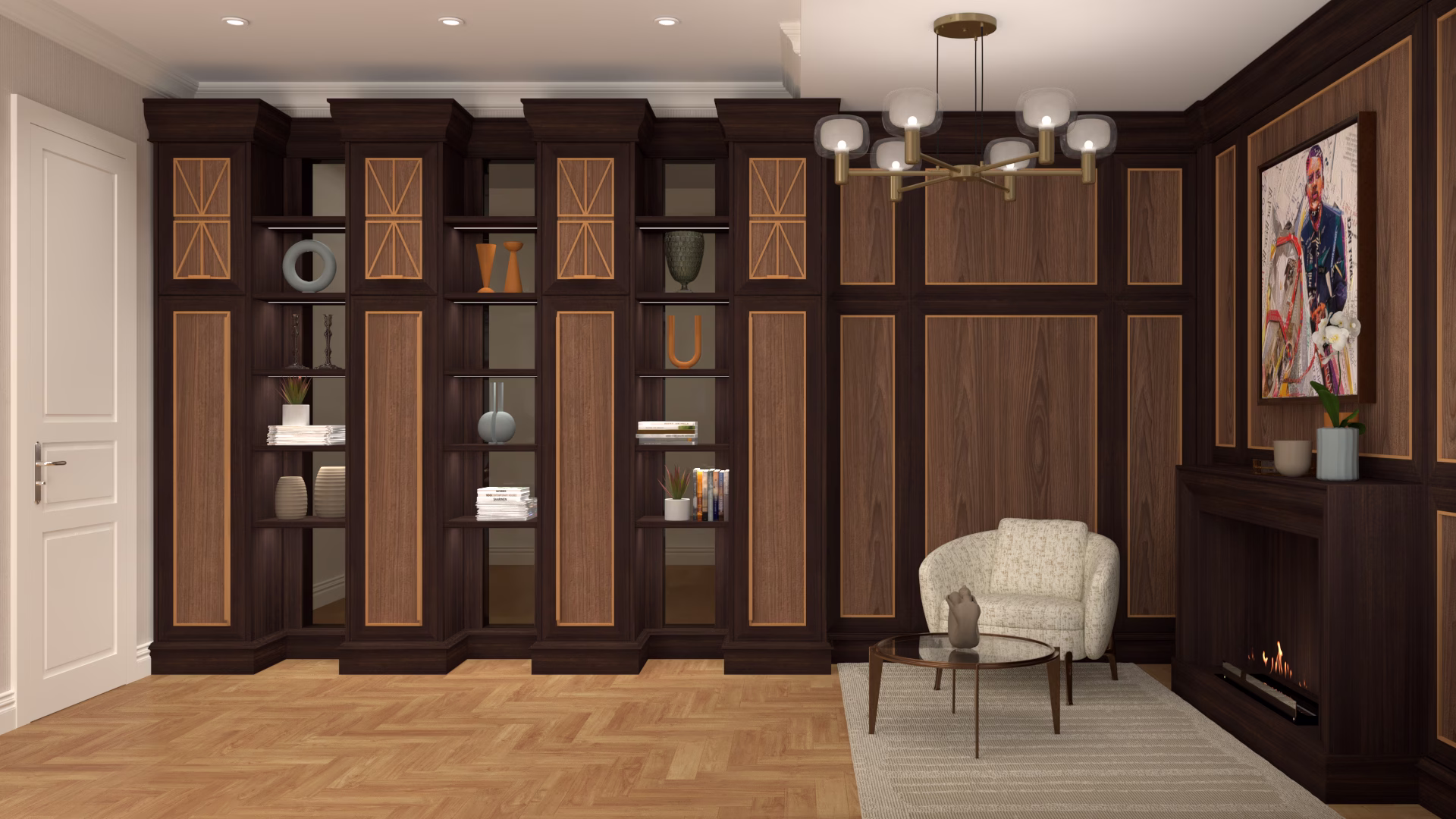Boiserie e camino realizzato in finiture pregiatte, progettazione Studio residenziale Londra progettazione londra