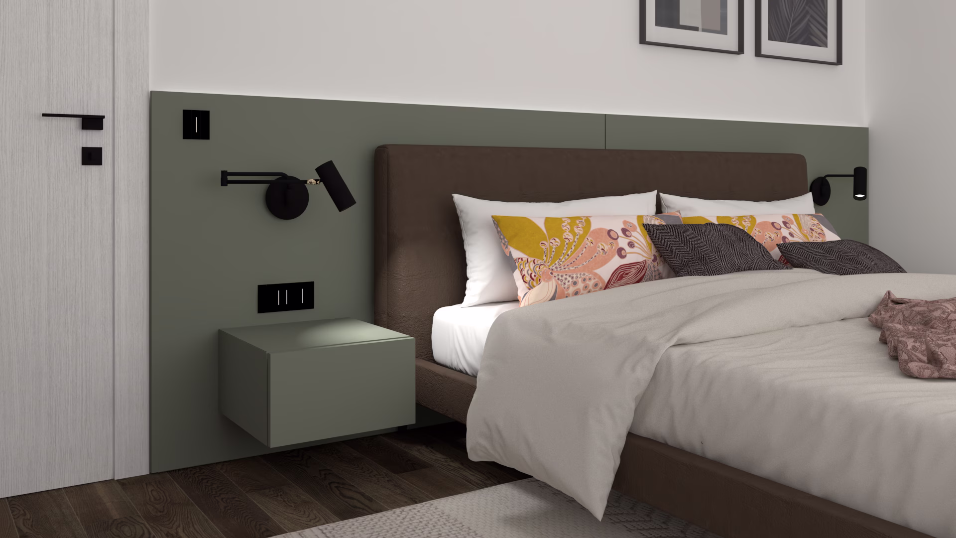 progettazione camera provincia di padova Letto su misura in pelle invecchiata con testiera laccato opaco retroilluminata, interior design Padova