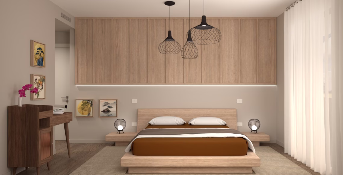 Boiserie contenitiva illuminata in rovere, parete testata letto, camera padronale a Treviso