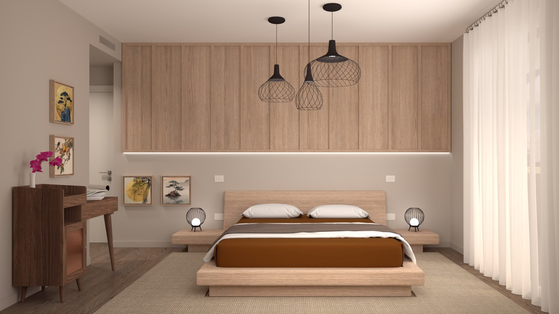 mood artisan camera letto Boiserie contenitiva illuminata in rovere, parete testata letto, camera padronale a Treviso