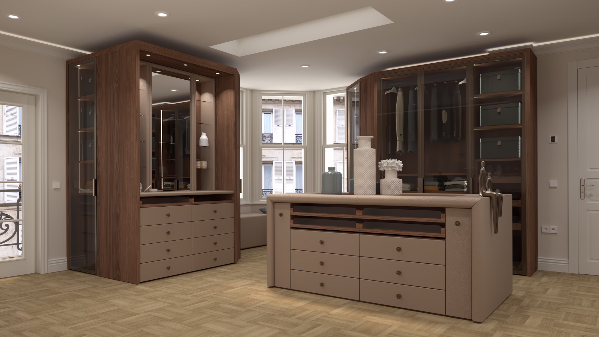 Cabina armadio Londra Vista d'insieme della camera cabina armadio progettata da MOOD ARTISAN, nuova costruzione a Londra
