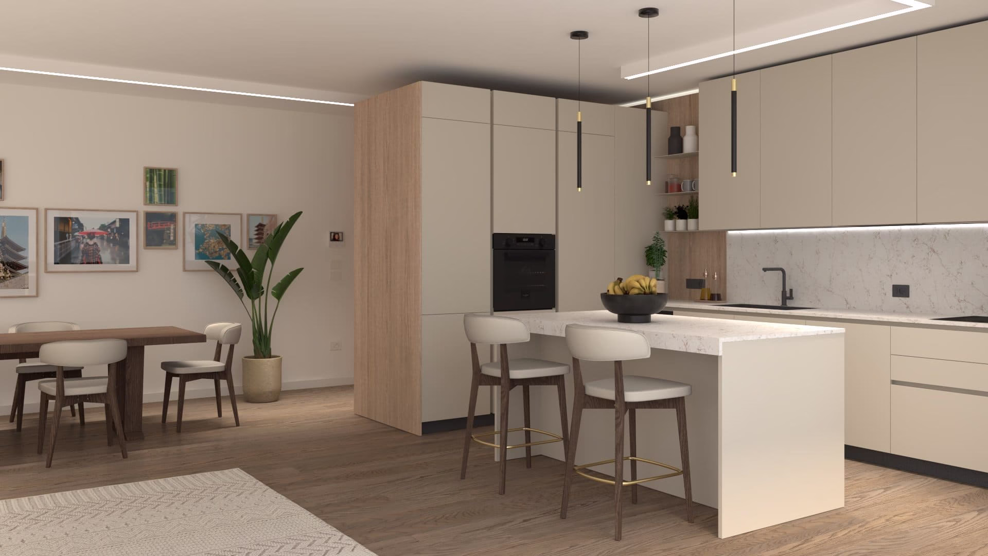 NK 003 cucina ed isola appartamento treviso in rovere e laccato lino con quarzo