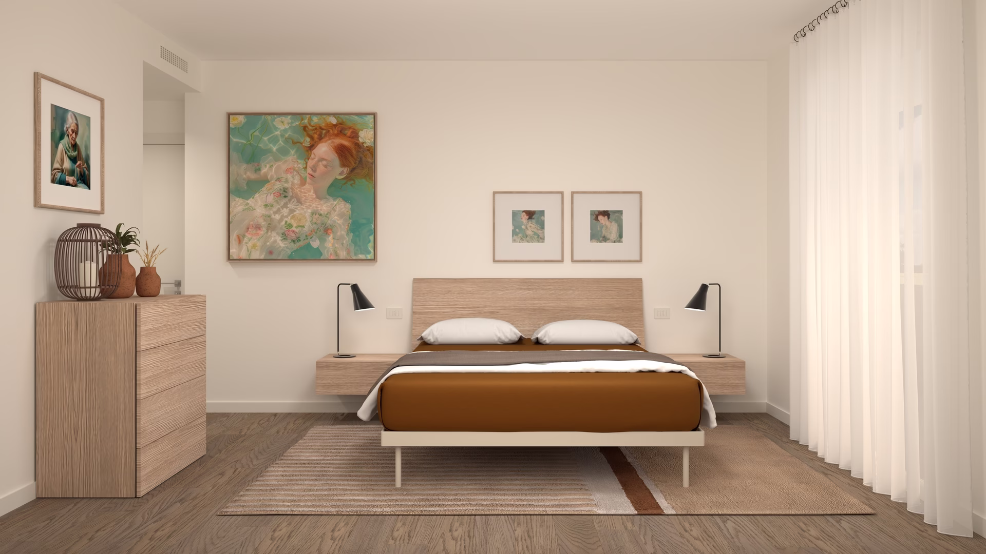 SHIRLEY - CONCEPT - MASTER BEDROOM_001.Denoiser Camera padronale minimal con letto in rovere e comodini sospesi, appartamento a Treviso, progetto MOOD ARTISAN