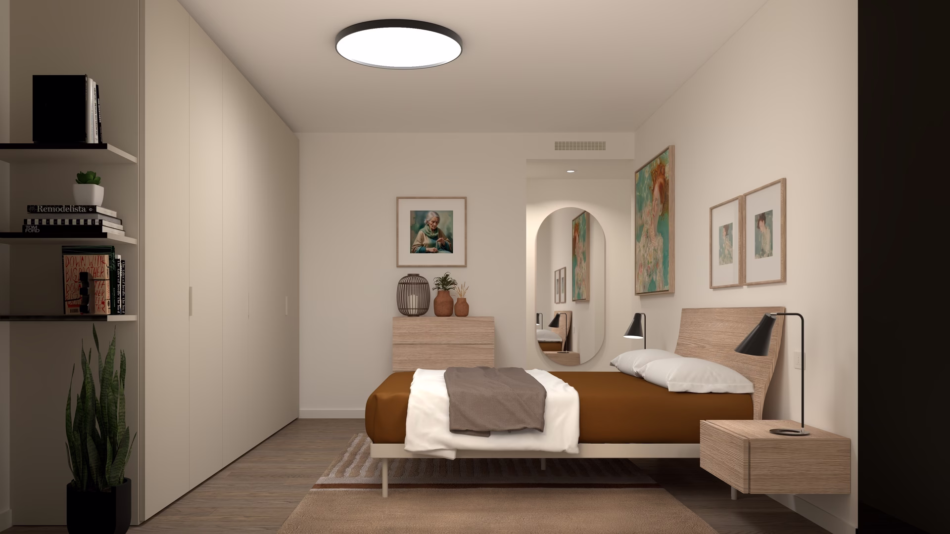 SHIRLEY - CONCEPT - MASTER BEDROOM_002.Denoiser Camera padronale minimal con letto in rovere e comodini sospesi, appartamento a Treviso, progetto MOOD ARTISAN