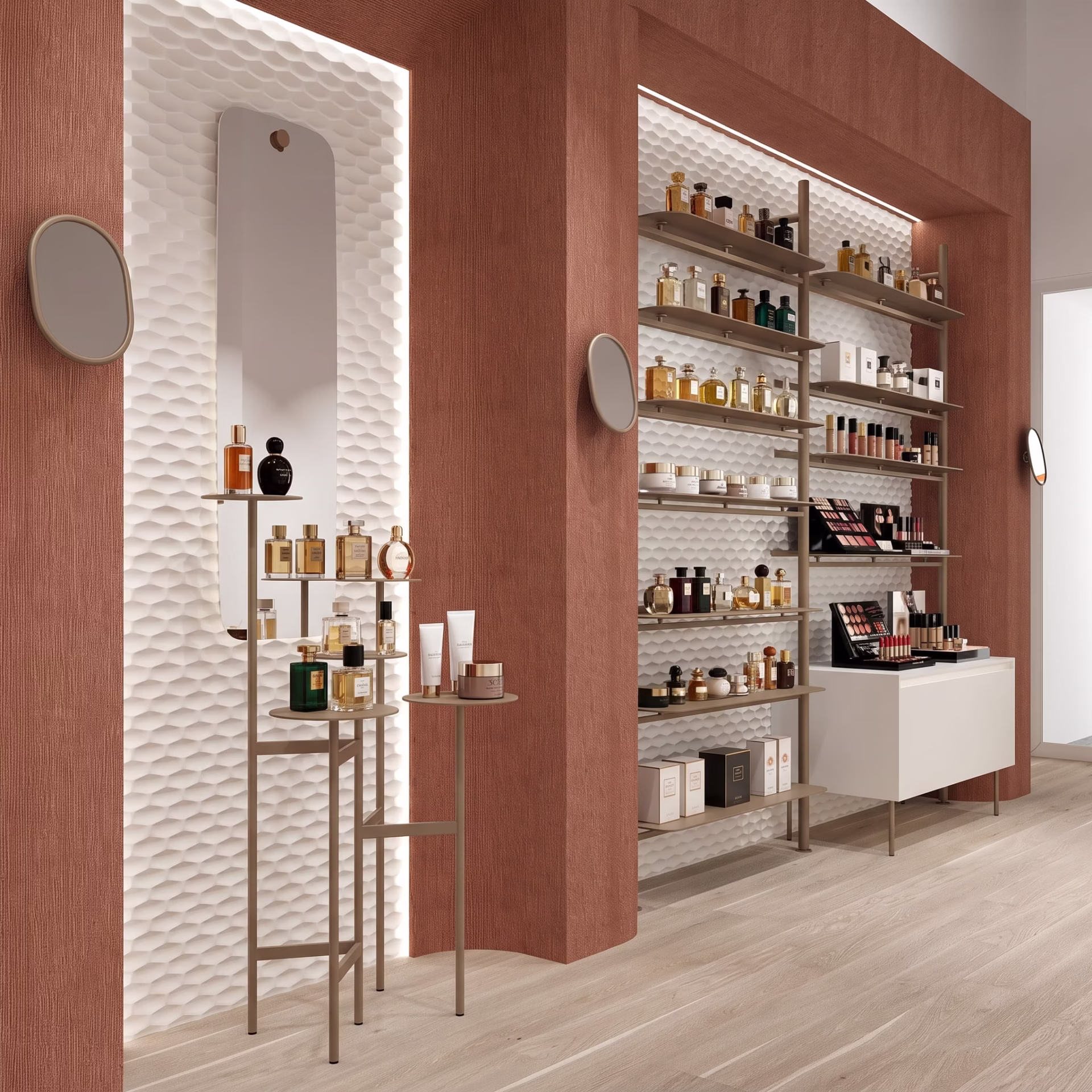 profumeria ventitre centro storico Mirano Libreria contenitiva in laminato ed espositori in metallo color champagne, ristrutturazione profumeria ventitre centro storico Mirano